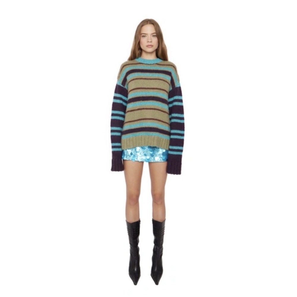 Danielle GUIZIO Oversized Crewneck Striped Sweater Brown‎ Green Wool Blend XS/S